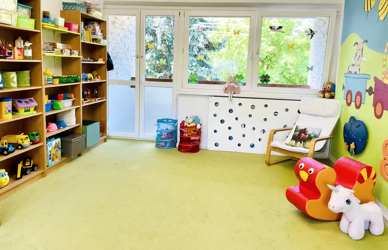 Sala z regałami pełnymi zabawek i drzwiami do ogrodu